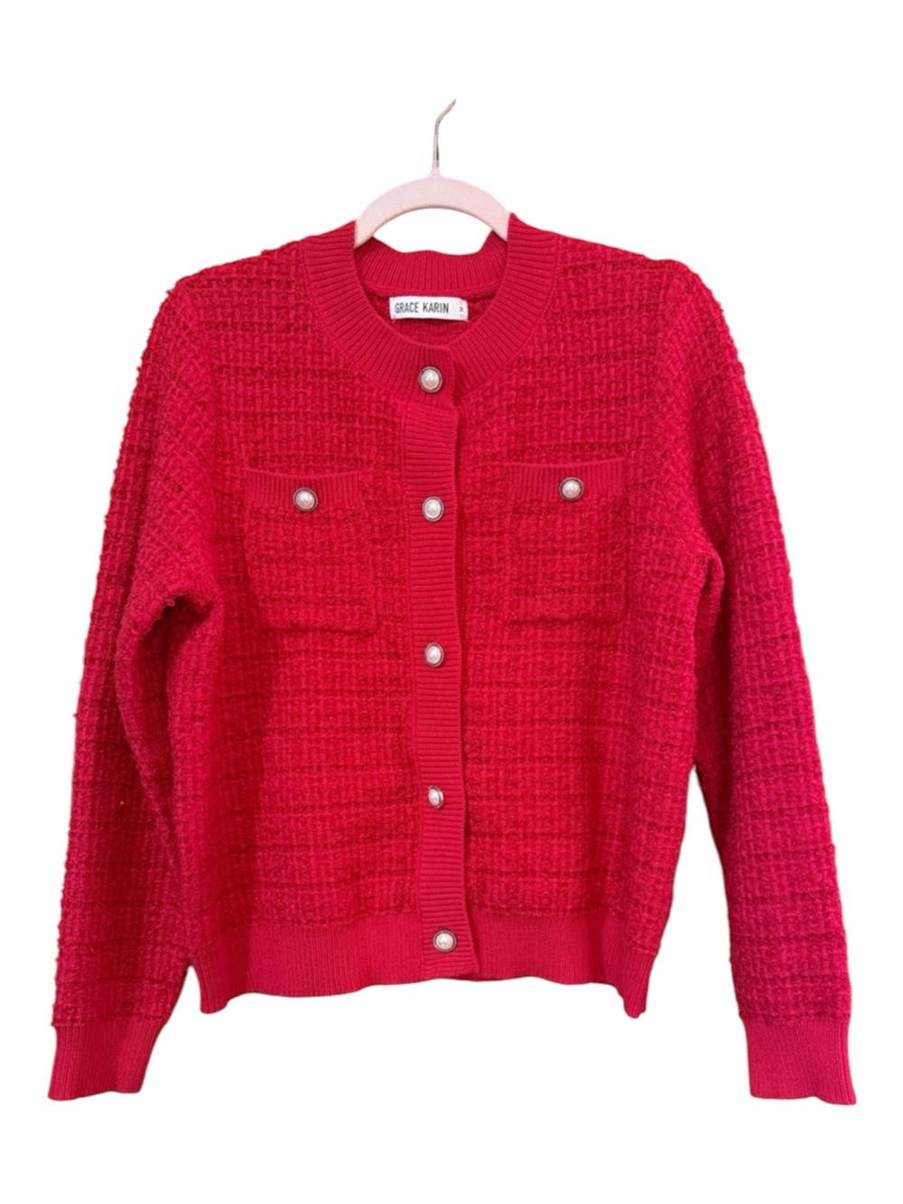 Grace Karin Red Textured Pearl Button Cardigan Coquette Glam M